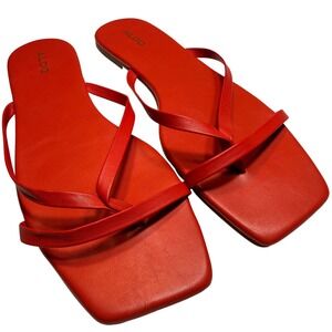 Aldo Red Strappy Flat Sandals Square Toe Thong Minimalist Womens Size 10 41 8